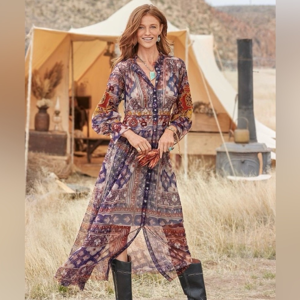 Johnny Was Long Sleeve Bohemian Dress - Purple and Burnt Orange.